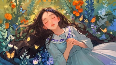 花丛休憩的少女