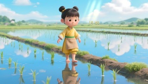 稻田间嬉戏小女孩
