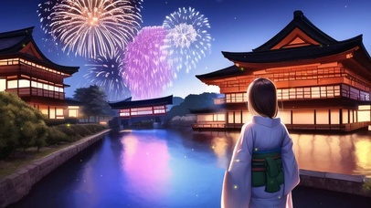 湖边烟花和服少女背影