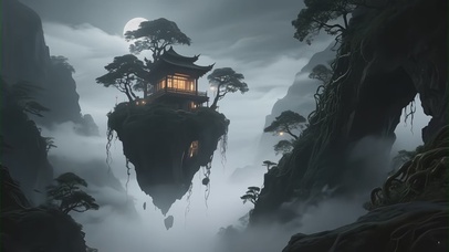 月背悬阁转，云鳞驮空岛