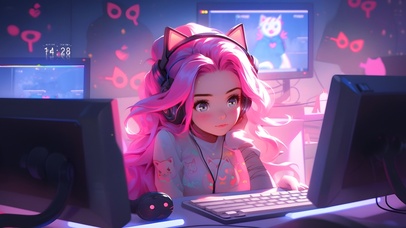 可爱粉发电竞少女