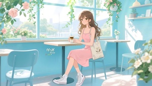 清新街道咖啡店女孩