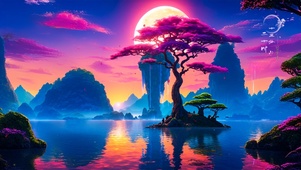 夕阳樱花小岛