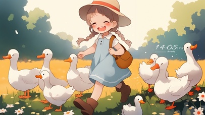 卡通插画赶鸭小女孩