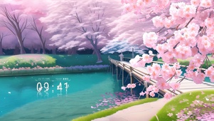 水彩画樱花桥