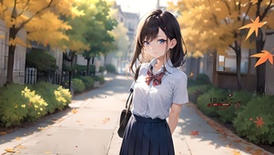 秋日枫叶小道少女