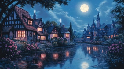 静谧月光下的小镇木屋