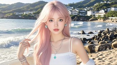 海边粉发少女