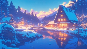 静谧雪天河畔小屋