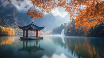 秋天静谧高山湖泊