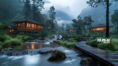 护眼山间溪水房屋