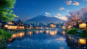 治愈清新夜晚樱花湖畔