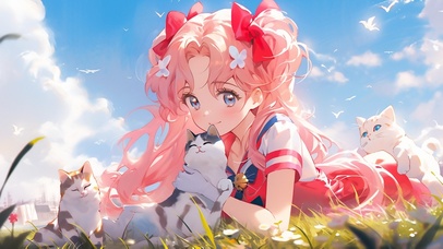 美少女战士草地猫咪玩耍