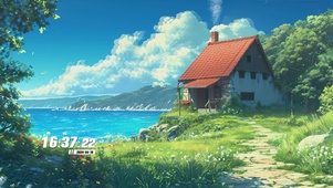 唯美治愈蓝天白云房屋绿景