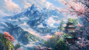 云雾青山樱花落