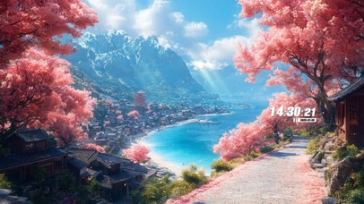 古风樱花海边城镇