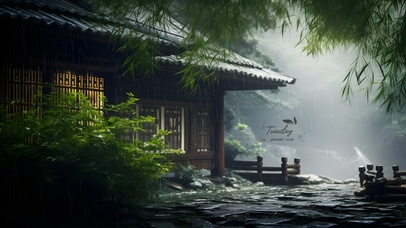 古风庭院落雨	