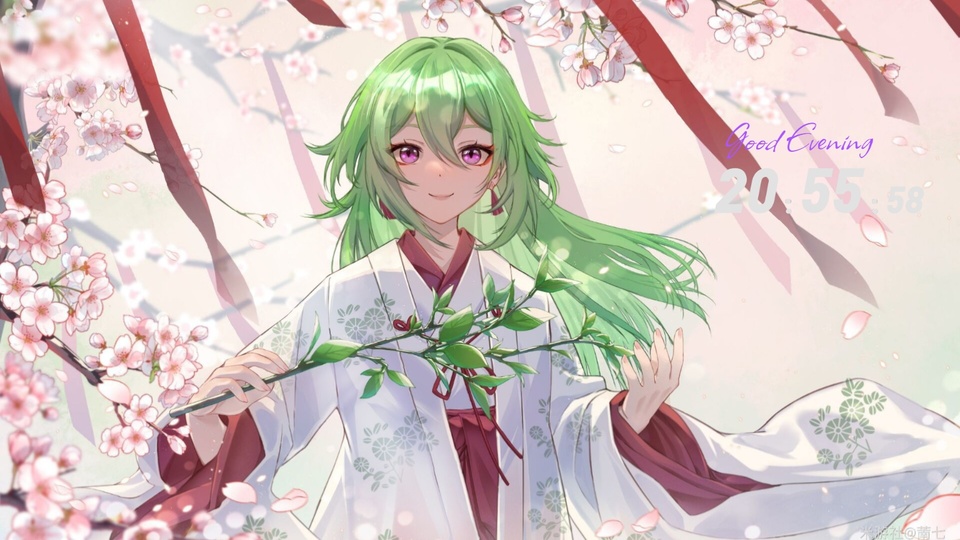 原神久岐忍身着白红带菊纹日式和服，立于飘落的粉色樱花中，右侧预留半透明文字显示区域。