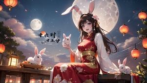 中秋节月圆兔耳少女
