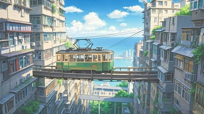 城市高楼间的电车