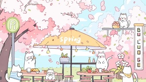 樱花树下快乐小猫