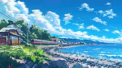 夏日海边清新红色火车