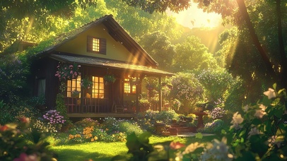 绿色幽静森林小屋