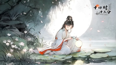 月下池边掌灯少女