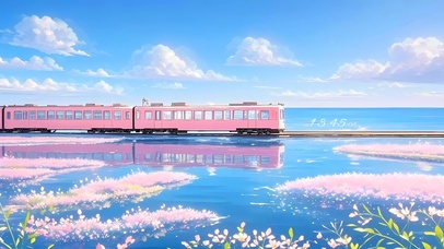 湖面鲜花火车
