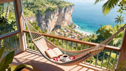 海边悬崖吊床小屋