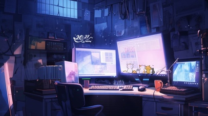 温馨夜晚电脑房间