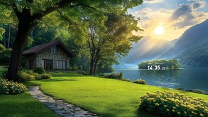 护眼夕阳湖畔小屋