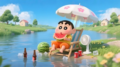 河流边乘凉的小新