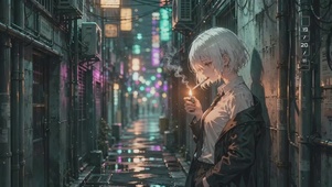 雨夜小巷中的银发少女