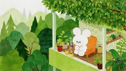 水彩画-阳台喝茶的大耳兔