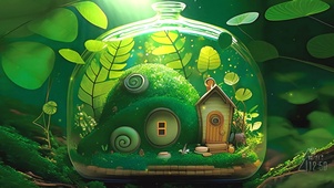 绿叶曦光中的飘瓶小屋