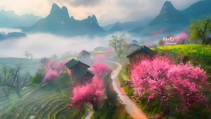 春天小路桃花