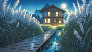 夜晚芦苇小屋