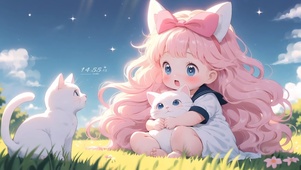 草地女孩和猫咪