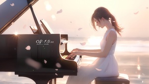 4k唯美夕阳钢琴少女