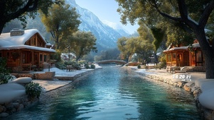 护眼冬日溪水房屋