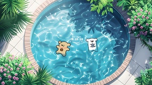 4K线条狗的可爱夏日泳池