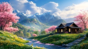 山间樱花溪水房屋