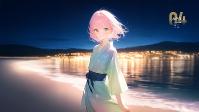 唯美夜晚海边粉发少女