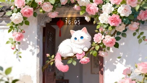 蔷薇花簇可爱猫