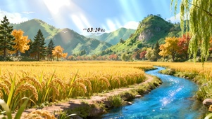 金黄稻田溪流
