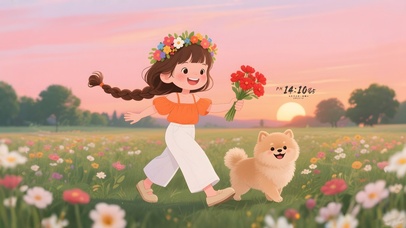 草地上女孩和狗狗