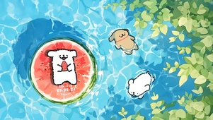 线条小狗清凉夏日泳池