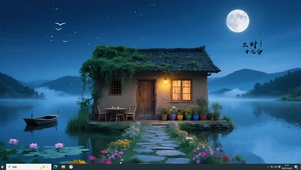 古风江边月夜小屋