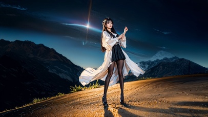 夜晚的长发黑丝美女